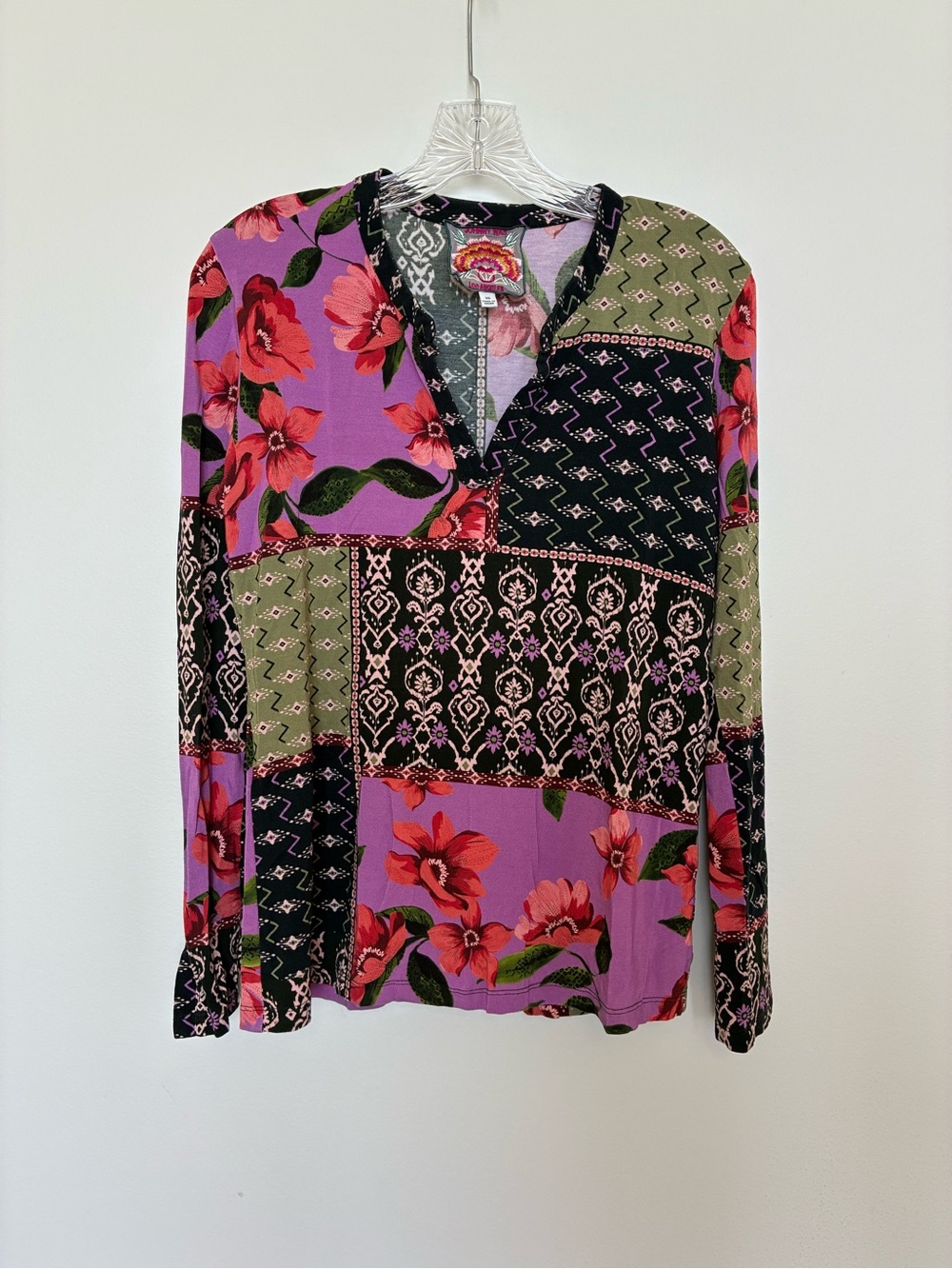 Johnny Was Purple Patchwork Floral V-Neck Long Sleeve Top
